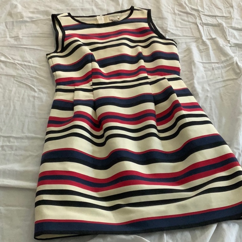 Red cream black and blue striped dress